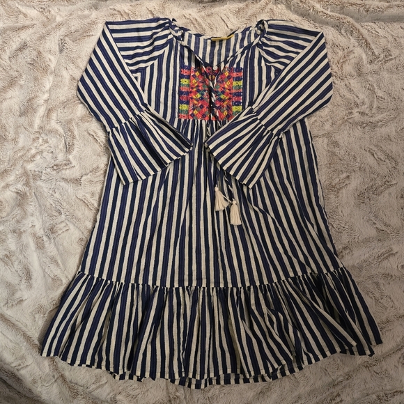 Roller Rabbit Blue Striped Tunic Dress Embroidered Boho Cover Up Medium - Picture 2 of 9